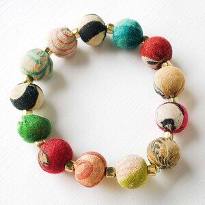 Fair Trade Bauble Beads Stretch Bracelet Upcycled Kantha Fabric Boho Handmade